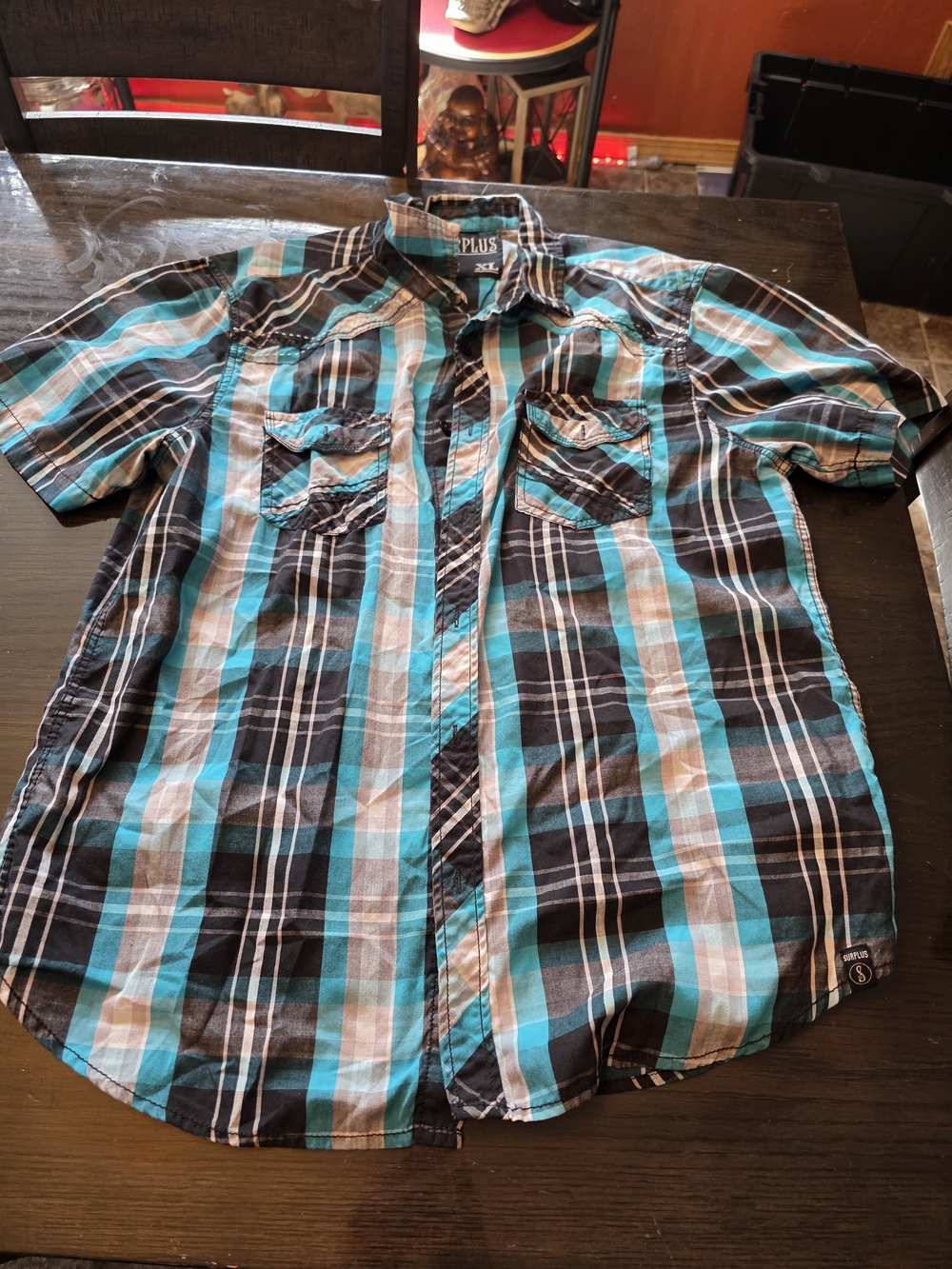Stylish Plaid Short-Sleeve Button-Down Shirt in Teal and Black
